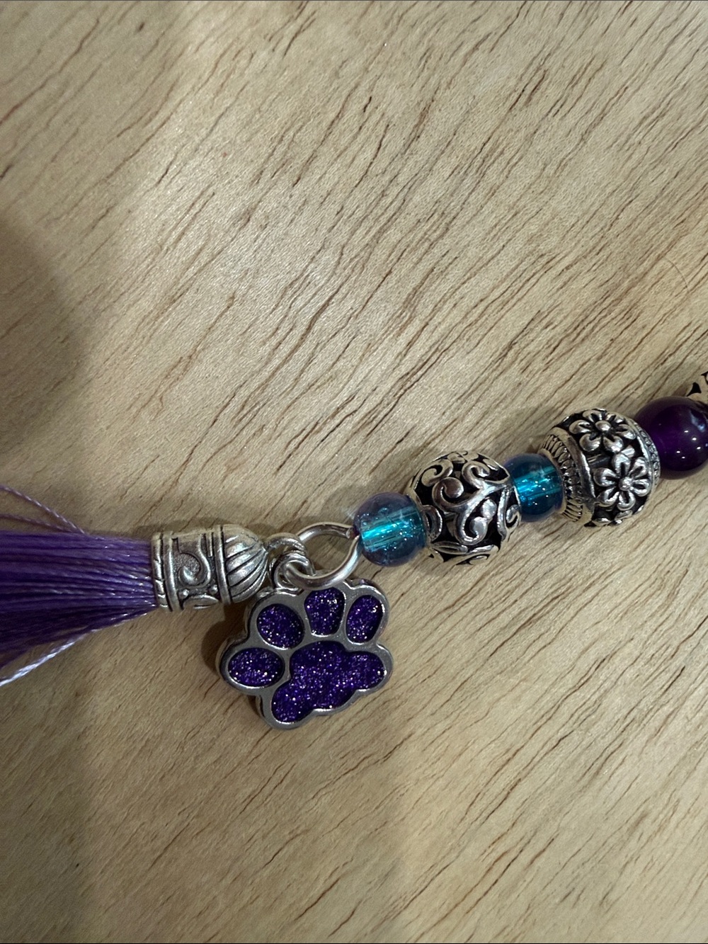 Purple Tassel Paw Bead Keychain with Silver Accents - Picture 3 of 8